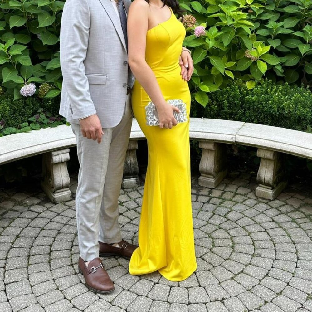 One shoulder Yellow La Femme gown